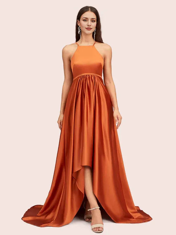 Robe Weitese unique en satin, col haut et bas, robe de soirée à bretelles spaghetti, sans manches, pour femme